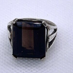 Vintage Smoky Quartz Cocktail Ring 925 Sterling Silver Emerald Cut Size 6.75